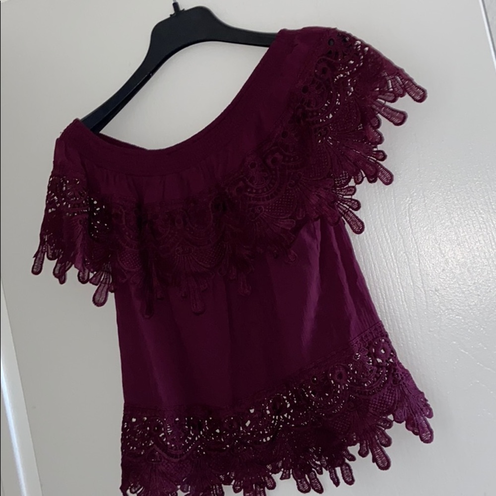 Burgundy top with lace, off the shoulder